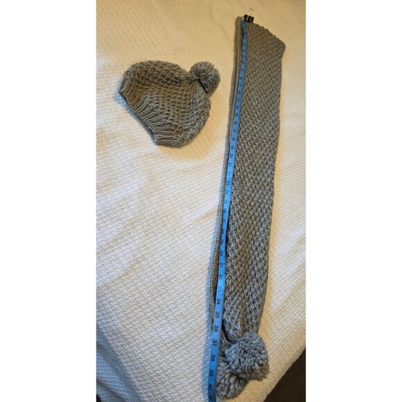Knitted Gray Skinny Scarf & Beanie Hat Set With Pom-Poms By Rampage - Picture 3 of 4